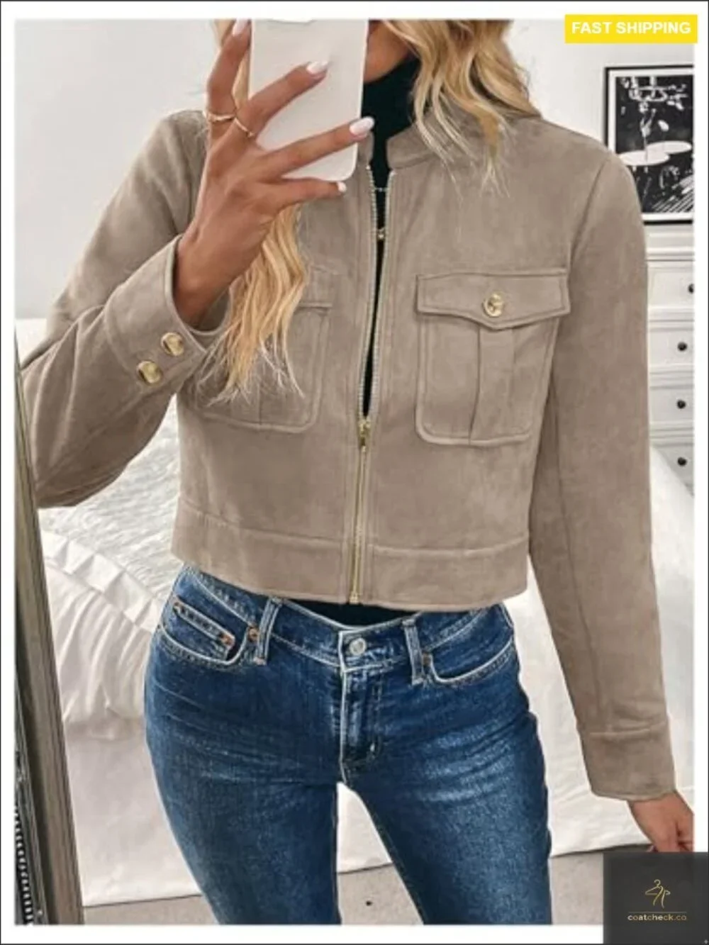 Faux Suede Cropped Cargo Jacket Zip Up Long Sleeve Casual Outerwear Y2K